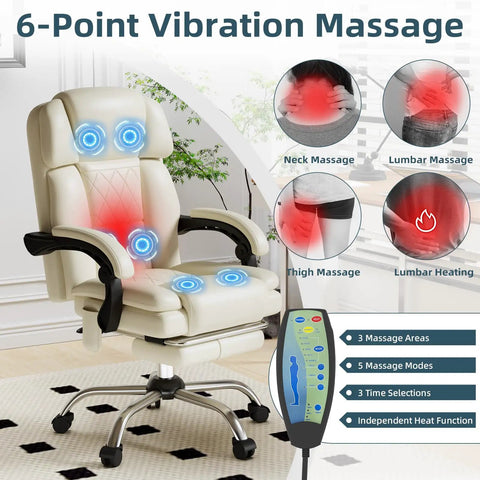 Six Point Massage Office Chair With Heat Ergonomic Reclining Desk Chair With Footrest PU Leather Executive Chair