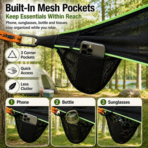 Outdoor Triangular Hammock With Mesh Nylon showing built-in mesh pockets for phone, bottle, and sunglasses, quick access design.