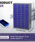 Heavy Duty Nut And Bolt Organizer Cabinet With 52 Drawers For Quick Access To Hardware In Your Shop Durable ABS Parts Storage Cabinet For Garage Or Workshop Freestanding Easy Labeling Reliable Organization with size dimensions shown.