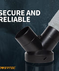 Top Notch Woodshop Essential Heavy Duty Dust Collector Y Fitting six inch to four inch hose reducer showing a secure black ABS connector.