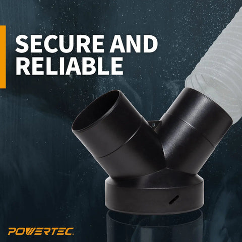 Top Notch Woodshop Essential Heavy Duty Dust Collector Y Fitting six inch to four inch hose reducer showing a secure black ABS connector.