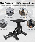 Beefy 400 Lb Motorcycle Jack Lift Stand With Adjustable Height Hydraulic Hoist Table for diverse bikes and maintenance.