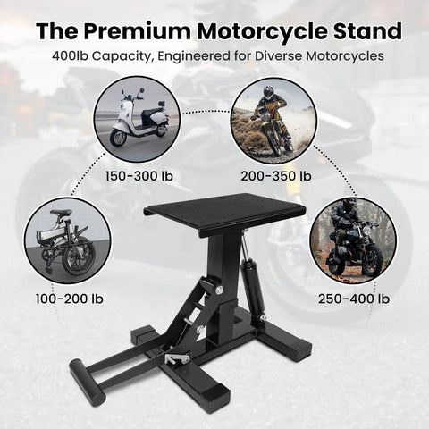Beefy 400 Lb Motorcycle Jack Lift Stand With Adjustable Height Hydraulic Hoist Table for diverse bikes and maintenance.