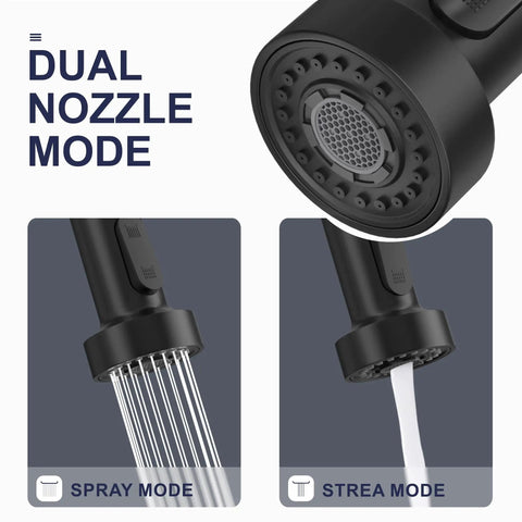 Dual nozzle mode options of Dead Simple Install Bulletproof Build Slick Black Finish Single Handle Pull Down Kitchen Faucet.