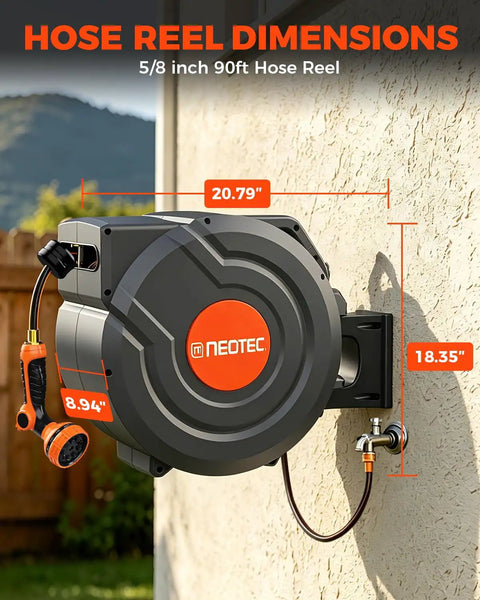Beefed Up Heavy Duty Wall Mount Retractable Garden Hose Reel With Ninety Foot Reach attached to outdoor wall