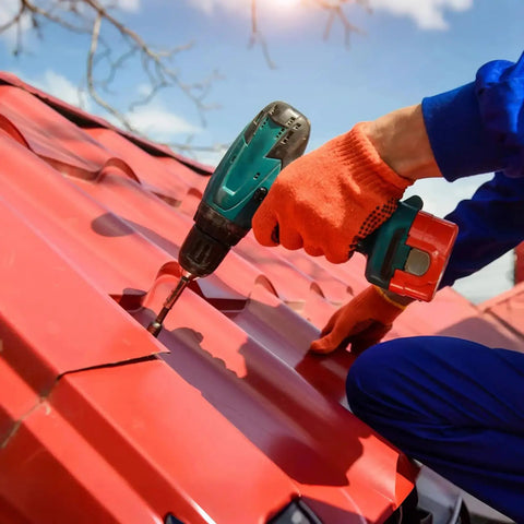 Installation of metal roofing with 25 Pack One Quarter Inch By Three Quarter Inch Self Drilling Tek Screws With Serrated Hex Washer Head.