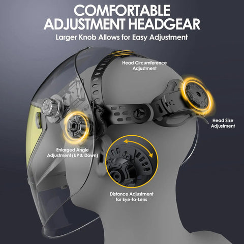Side view of Auto Darkening Welding Helmet With True Color Clarity And Large Viewing Area, Solar Or Rechargeable Battery, Wide Shade Range Four To Thirteen, Four Arc Sensors, Workhorse Welder Mask For TIG MIG ARC Grind showing adjustable headgear.