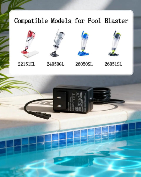 Replacement Power Cord And AC Adapter For Pool Blaster And Water Tech Models on poolside, compatible with multiple models.