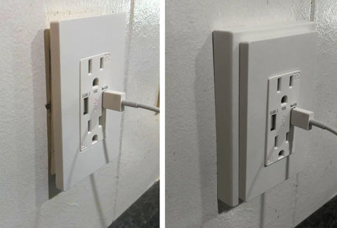 2 Pack 1-Gang Non-Metallic Shallow Surface Box Extender White Adds Five-Eighths Inch Depth To Electrical Boxes Easy Install No Box Removal Keeps Wall Plates Flush Perfect For Home Wiring Upgrades installed on wall with outlet.