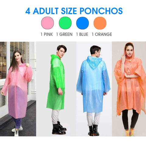 Adults Disposable Rain Ponchos Multi Colored Pack For Camping Hiking Travel And Backpacking 4 Pack Waterproof Lightweight Emergency Gear Stay Dry Anywhere Grab And Go