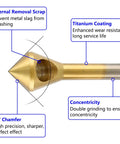 Close-up of titanium coated countersink tool showing design features for wood, metal, PVC; part of 4 Piece Titanium Coated Countersink Chamfer Deburring Tool Set For Wood Metal PVC Aluminum Insulation Board Holes 2 To 5 Millimeters 5 To 10 Millimeters 10 To 15 Millimeters 15 To 20 Millimeters For Home Improvement With High Speed Steel Bits.