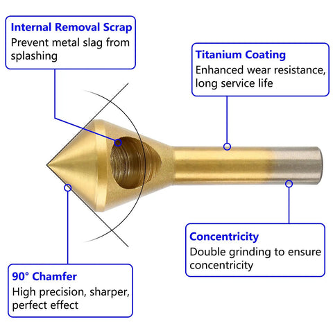 Close-up of titanium coated countersink tool showing design features for wood, metal, PVC; part of 4 Piece Titanium Coated Countersink Chamfer Deburring Tool Set For Wood Metal PVC Aluminum Insulation Board Holes 2 To 5 Millimeters 5 To 10 Millimeters 10 To 15 Millimeters 15 To 20 Millimeters For Home Improvement With High Speed Steel Bits.