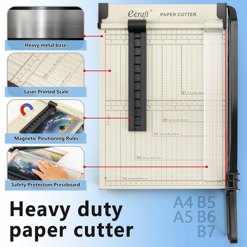 Ecraft 12-inch guillotine paper cutter with heavy-duty metal base, safety guard, and magnetic alignment ruler.