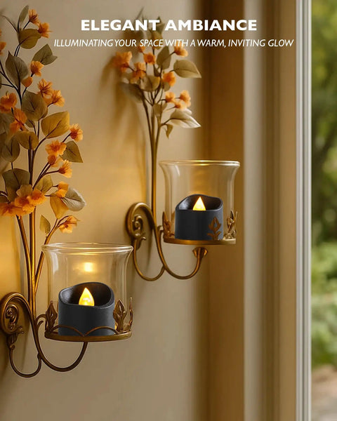 Battery Operated LED Tea Lights Flameless Flicker Candles With Colored Glow for Halloween and holiday decor in wall sconces