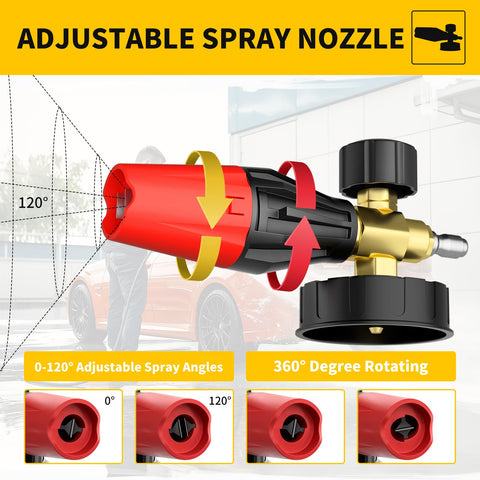Adjustable spray nozzle for Beast Pressure Washer Gun With Foam Cannon And 50 Foot Hose 3600 PSI Cleaning Kit Featuring 15 Inch Extension Wand Seven Nozzle Tips Three Eighths Quick Connector And M22 14mm And 15mm Fittings
