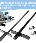 Solid Rip Fence Guide Kit That Upgrades DeWalt Circular Saws with two metal guides and screws for easy attachment.