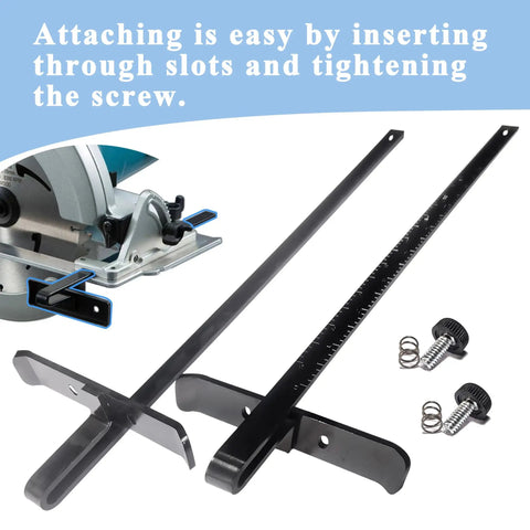 Solid Rip Fence Guide Kit That Upgrades DeWalt Circular Saws with two metal guides and screws for easy attachment.