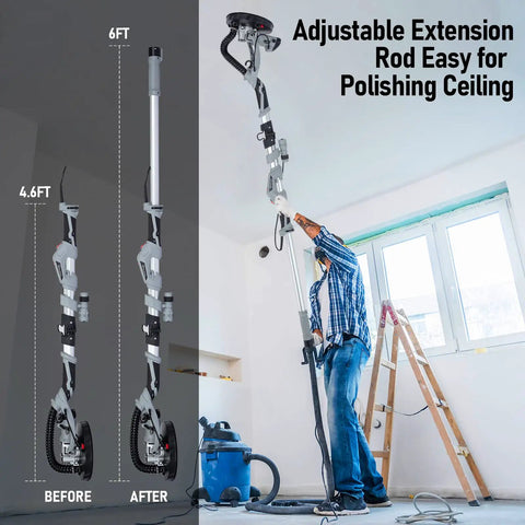 Person using Powerful 710W Drywall Sander With LED Light And Variable Speed 800 To 1800 RPM on ceiling with extension rod