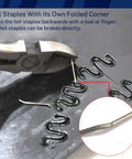 Plastic Weld Kit For DIY Car Bumper And Plastic Part Repairs With Hot Staples, Fast Fix, includes pliers and wave nails on plastic surface.