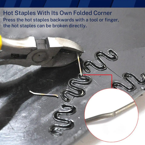 Plastic Weld Kit For DIY Car Bumper And Plastic Part Repairs With Hot Staples, Fast Fix, includes pliers and wave nails on plastic surface.