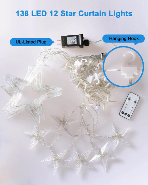 12 Star Multicolor Curtain Lights With 138 LEDs Eight Point Two Ft Connectable Window String Lights Remote Control Plug In
