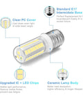 Diagram of Killer Bright Daylight 6000K LED Bulbs with E17 base, clear PC cover, upgraded IC + LED chips, and ceramic lamp body.