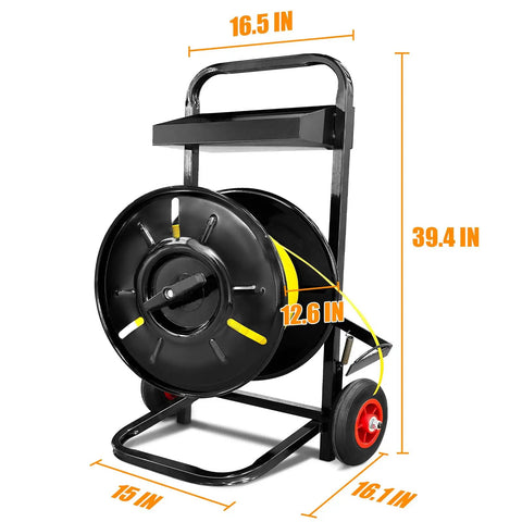 Heavy Duty Strapping Cart And Dispenser For Polypropylene Coils With Integrated Tool And Seal Tray Fits 8x8 To 10x10 Inches, 39.4 in tall