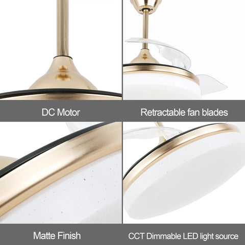 Close-up of DC motor and retractable blades on 72 Inch Farmhouse Ceiling Fan With Lights And Caged Fandelier.