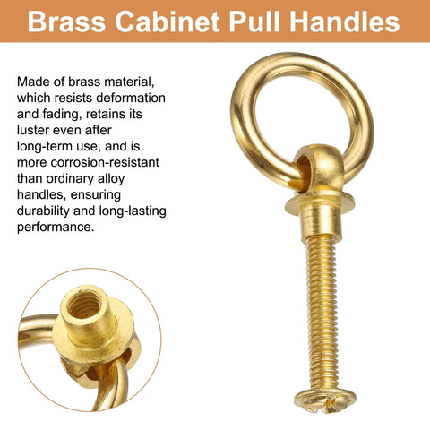 Brass Ring Drawer Pulls Set 2 Pieces 0.79 Inch Gold Tone Cabinet Knobs with screw, durable and corrosion-resistant brass material.