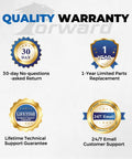 Quality warranty badges showing 30-day return, 1-year parts replacement, lifetime support, and 24/7 email support.