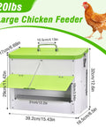 Heavy Duty Automatic Chicken Feeder With Weather Sealed Lid And Lockable Rodent Proof Door For Zero Waste Hanging Backyard Poultry Feed Hopper dimensions and features visible.