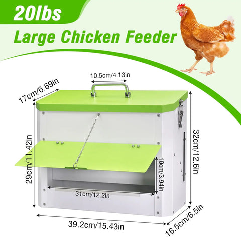 Heavy Duty Automatic Chicken Feeder With Weather Sealed Lid And Lockable Rodent Proof Door For Zero Waste Hanging Backyard Poultry Feed Hopper dimensions and features visible.