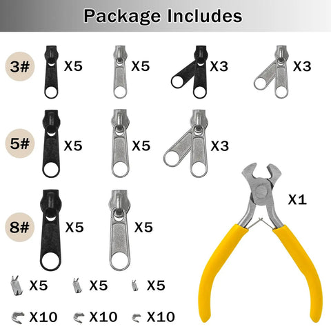All In One Zipper Repair Kit With 85 Pieces Do It All Quick Fix Set Including 3 Size Sliders And Pulls For Metal, Plastic And Nylon Zippers, Universal Fix Kit With Pliers For Jackets Coats Backpacks Luggage And Tents