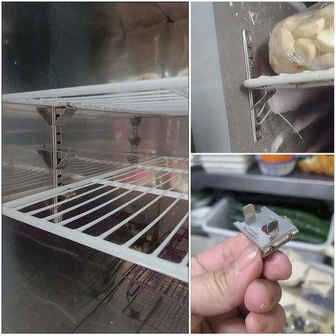 15 Pack Commercial Freezer Shelf Clips Replacement Stainless Steel Shelf Buckles in freezer and hand detail view