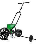 Walk Behind Garden Push Seeder Planter With Six Seed Plates For Up To 20 Varieties, zinc plow blade and row marker visible