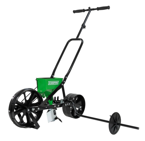 Walk Behind Garden Push Seeder Planter With Six Seed Plates For Up To 20 Varieties, zinc plow blade and row marker visible
