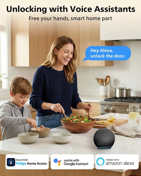 Woman and boy using WiFi Smart Keypad Deadbolt Lock With App Remote Control No Hub Needed Works With Alexa And Google Assistant