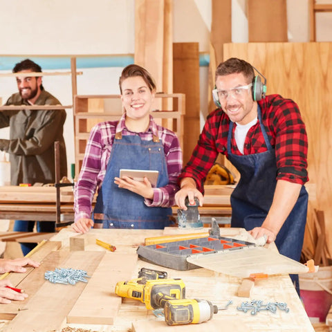 Woodworkers using tools with Heavy Duty 1200 Piece Pocket Hole Screws Bulk 8 By One And A Quarter Inch Zinc Pocket Wood Screws visible on table.