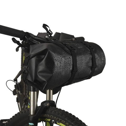 Waterproof Adjustable Capacity Bike Handlebar Bag With Detachable Dry Pack, 3L to 7L expandable, mounted on bicycle handlebar.