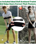 Two golfers demonstrating a golf swing using an armband training aid, with one showing correct posture and the other incorrect.