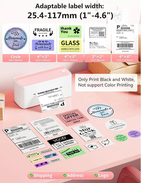Bluetooth Thermal Label Printer For 4x6 Shipping Labels, Wireless, Small Biz Ready, Pink Color, Works With iPhone Android, shown with printed labels