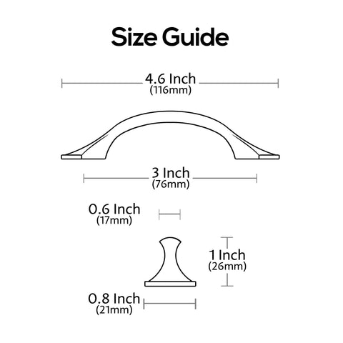 Size guide for Oil Rubbed Bronze Cabinet Pulls Set of 10, Arch Style, with 3 Inch Hole Centers and 4.6 Inch length.