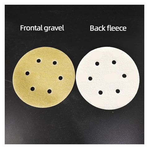 Top Tier 100 Piece Sanding Discs With Velcro Hook And Loop Backing For Fast Grit Swaps On Wood Metal And Auto Bodyworks Featuring Durable Flocking Paper With 600 Grit Polishing Power To Shiny Smooth Results - Front sandy and back fleece views