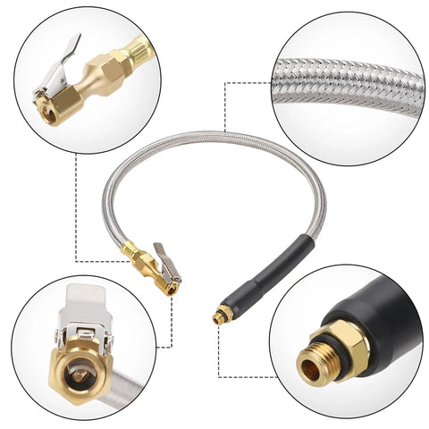 Go-To 21 Inch Tire Inflator Gauge Hose Replacement With Locking Chuck And Brass Connector 3/8-24 UNF Threads For Quick PSI Checks, Heavy Duty Air Line, Handles Up To 300 PSI Working Pressure And 1100 PSI Burst, braided hose and brass fittings