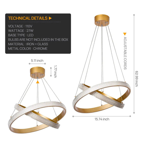 Modern LED Chandelier Dimmable Pendant Light With Two Ring Dope Design for living room, dining room, bedroom, kitchen island, chrome finish.
