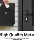 Heavy Duty Metal Donation Box With Slot And Lock For Cash Drops A No Nonsense Solution For Donations Suggestions Or Ballots Pre Drilled For Easy Wall Mounting Includes Two Keys Lightweight Yet Durable Black 10 By 6 By 2 And A Half Inch, shown mounted on wall.