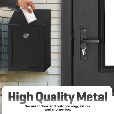 Heavy Duty Metal Donation Box With Slot And Lock For Cash Drops A No Nonsense Solution For Donations Suggestions Or Ballots Pre Drilled For Easy Wall Mounting Includes Two Keys Lightweight Yet Durable Black 10 By 6 By 2 And A Half Inch, shown mounted on wall.
