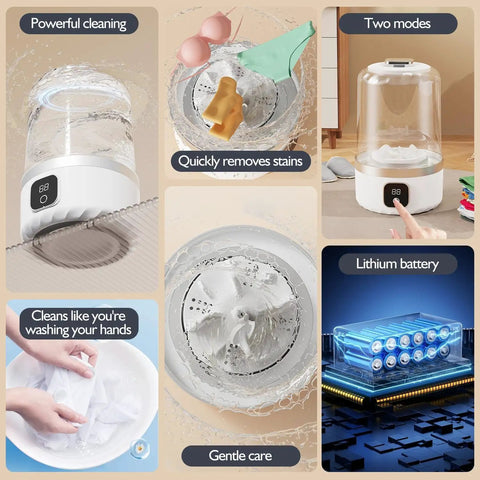 Hella Portable Compact Mini Washer For Underwear Gym Gear And Delicate Threads On The Road Or In Small Spaces Featuring Rechargeable Battery with dual clean modes and gentle care.