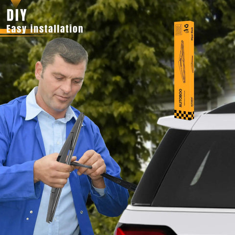 Man installing 14 Inch Rear Wiper Blade Replacement For Jeep Cherokee Mazda CX 5 CX 9 Chrysler Pacifica Hyundai Tucson Santa Fe Lexus RX 350 Rear Wiper OEM Style Easy Install All Weather on SUV.