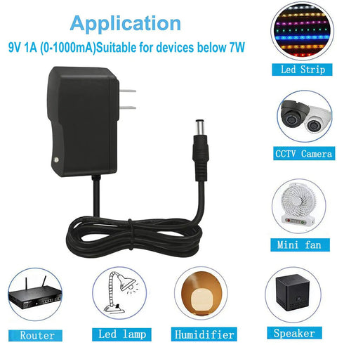 9V DC Power Supply 1A AC Adapter 100 240V Input 50 60Hz 9V Output 1A Max 10W With 4.6Ft Cable shown with compatible devices.